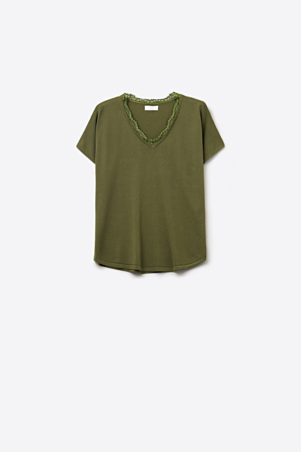 Q2 Pull en maille fine et douce avec col en V et bordures en dentelle en kaki