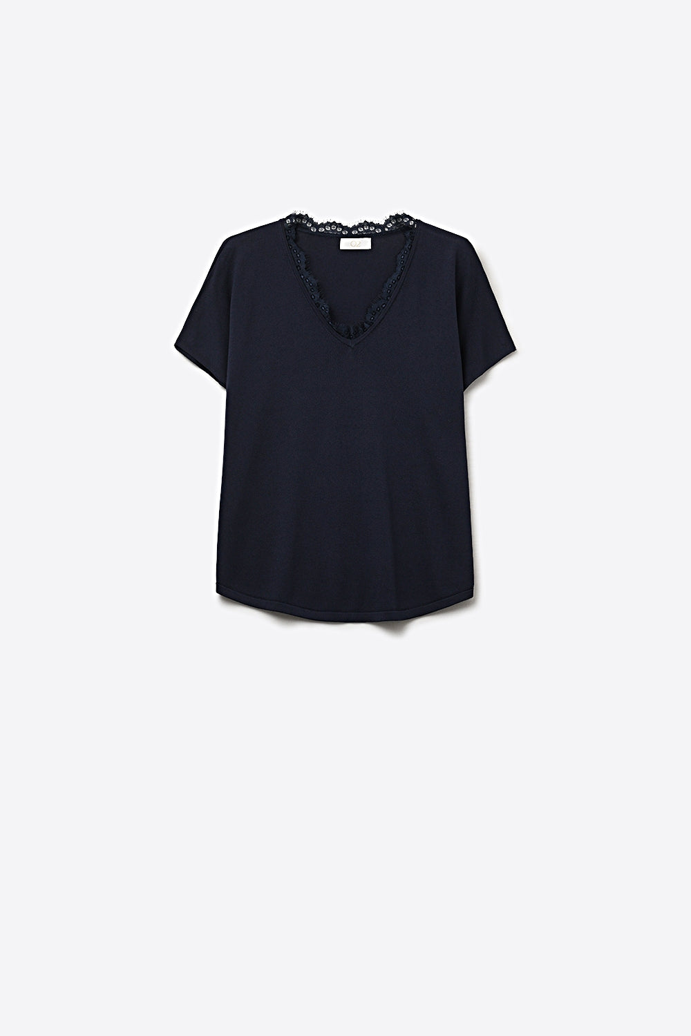 Q2 Pull en maille fine et douce avec col en V et bordures en dentelle en marine