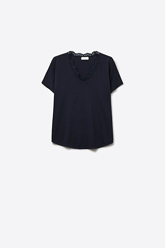 Q2 Pull en maille fine et douce avec col en V et bordures en dentelle en marine