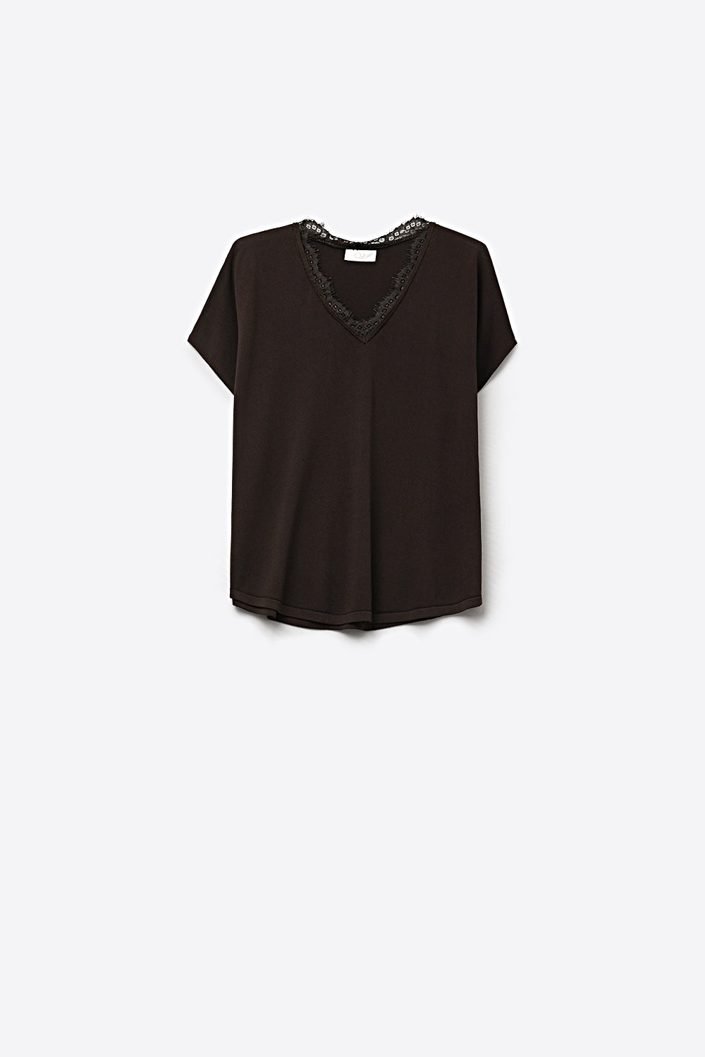 Q2 Pull en maille fine et douce avec col en V et bordures en dentelle en marron