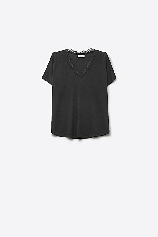 Q2 Pull en maille fine et douce avec col en V et bordures en dentelle en noir