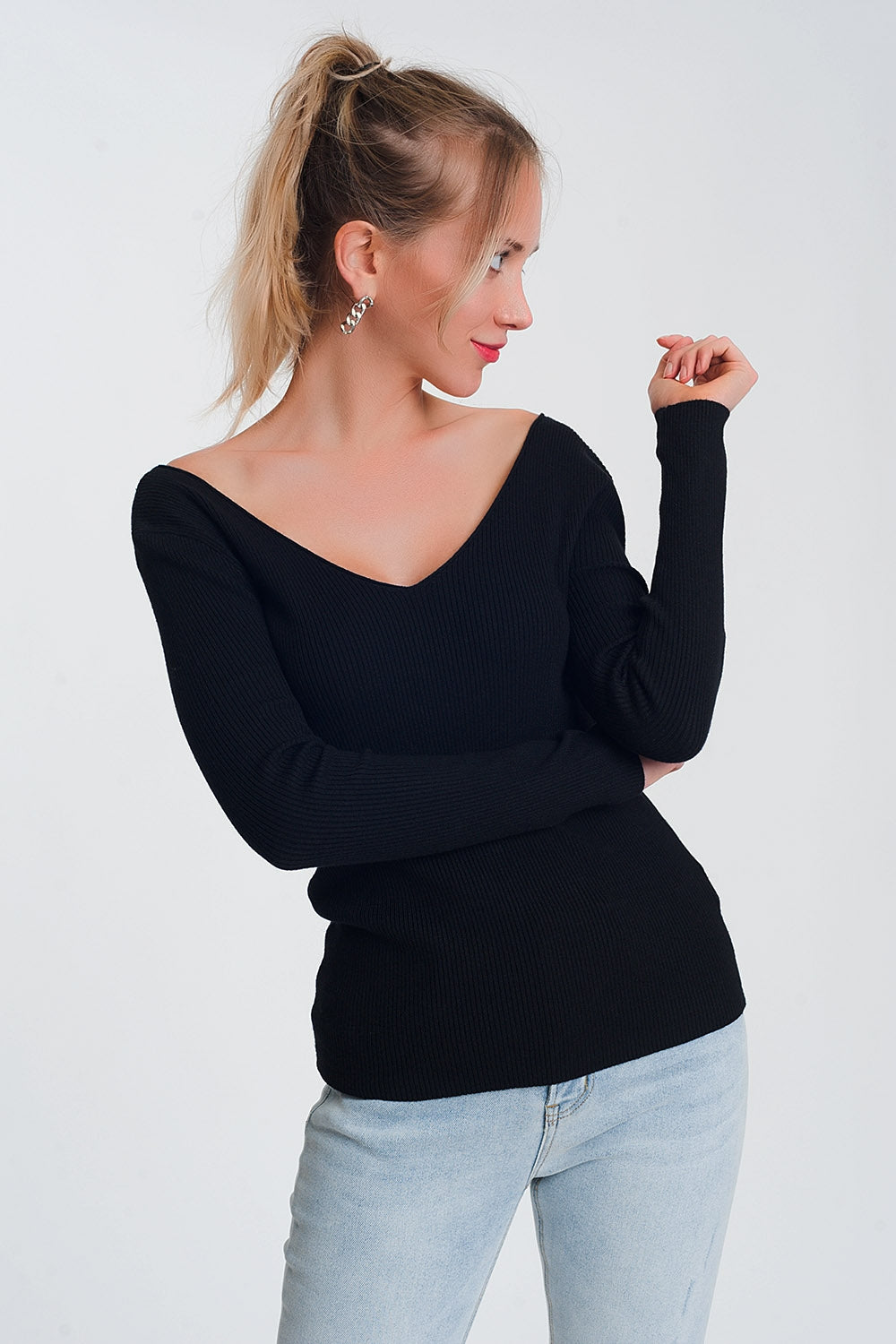 Pull en maille Noir avec dos en V