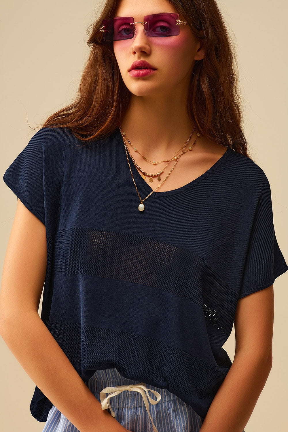 Pull en maille texturée rayée marine