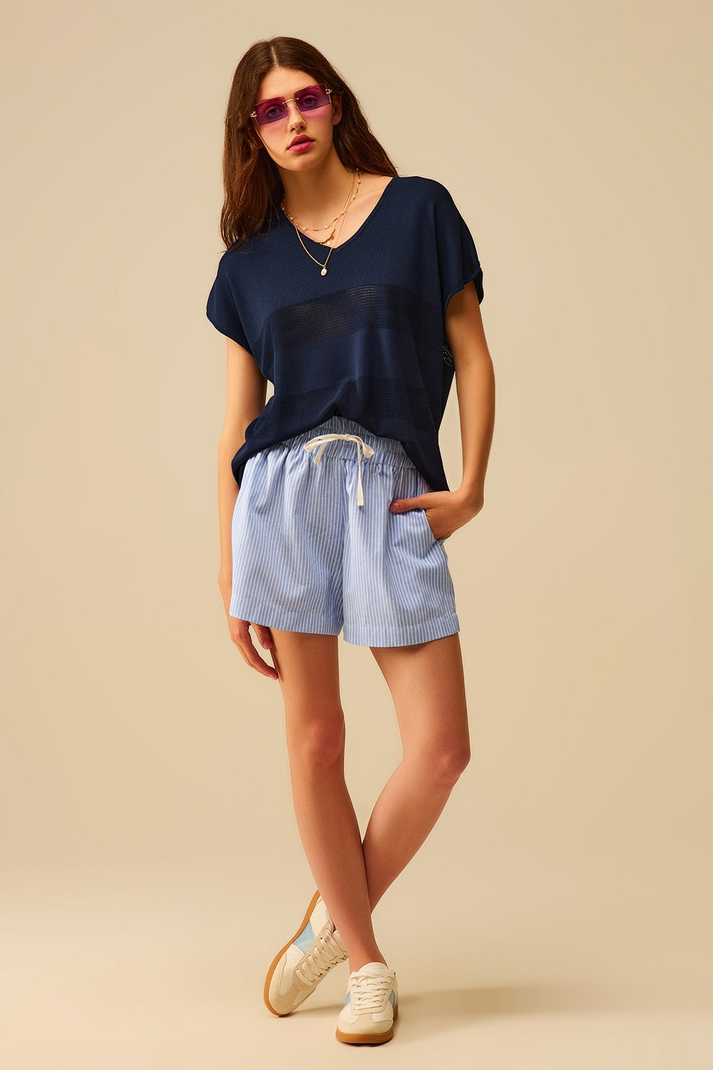 Pull en maille texturée rayée marine