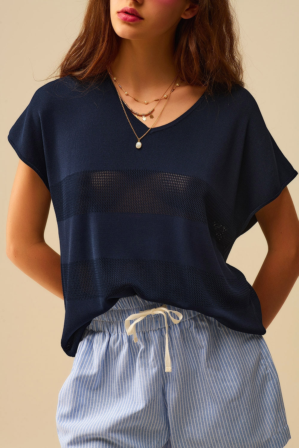 Pull en maille texturée rayée marine