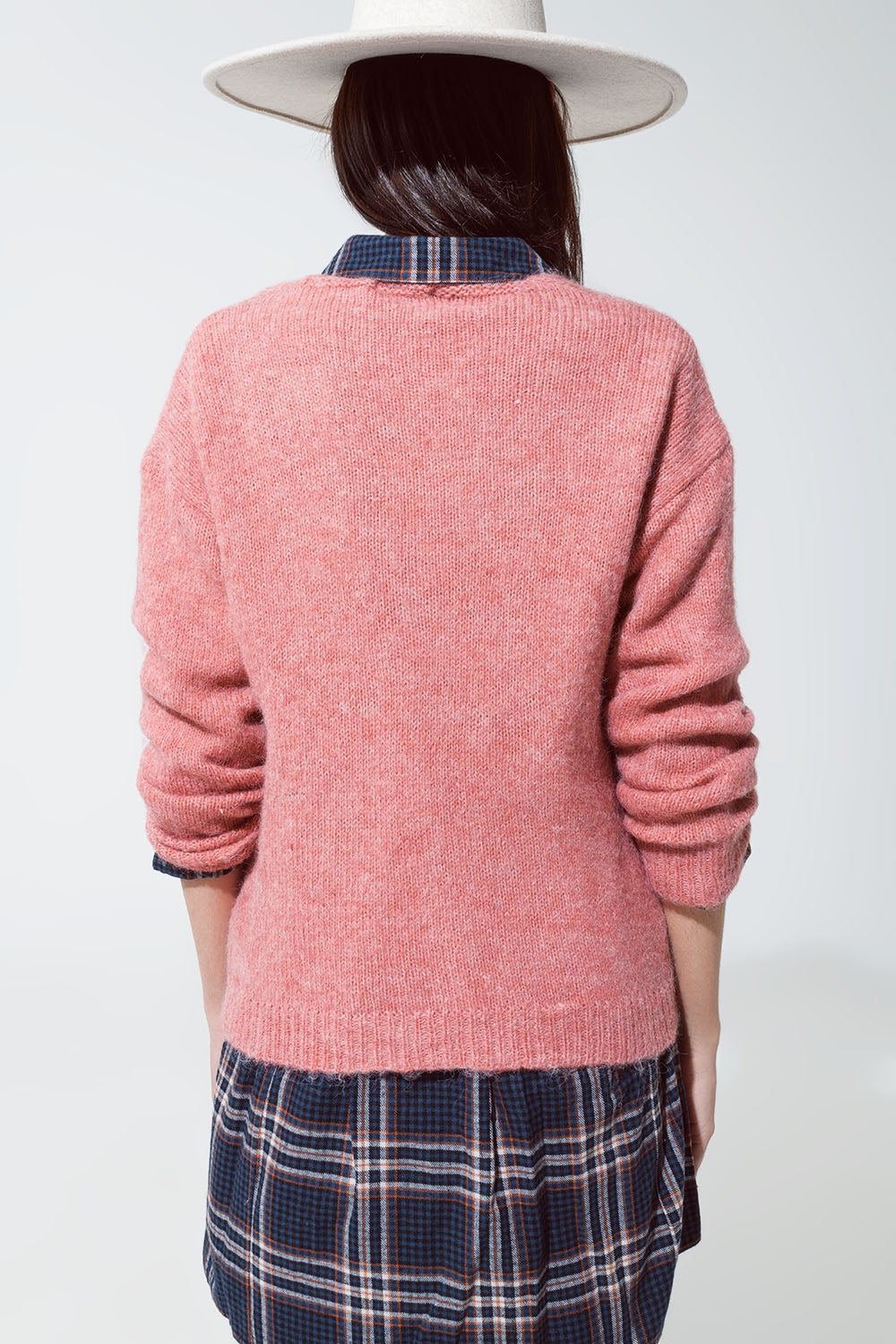 Pull en tricot à col en V rose tendre