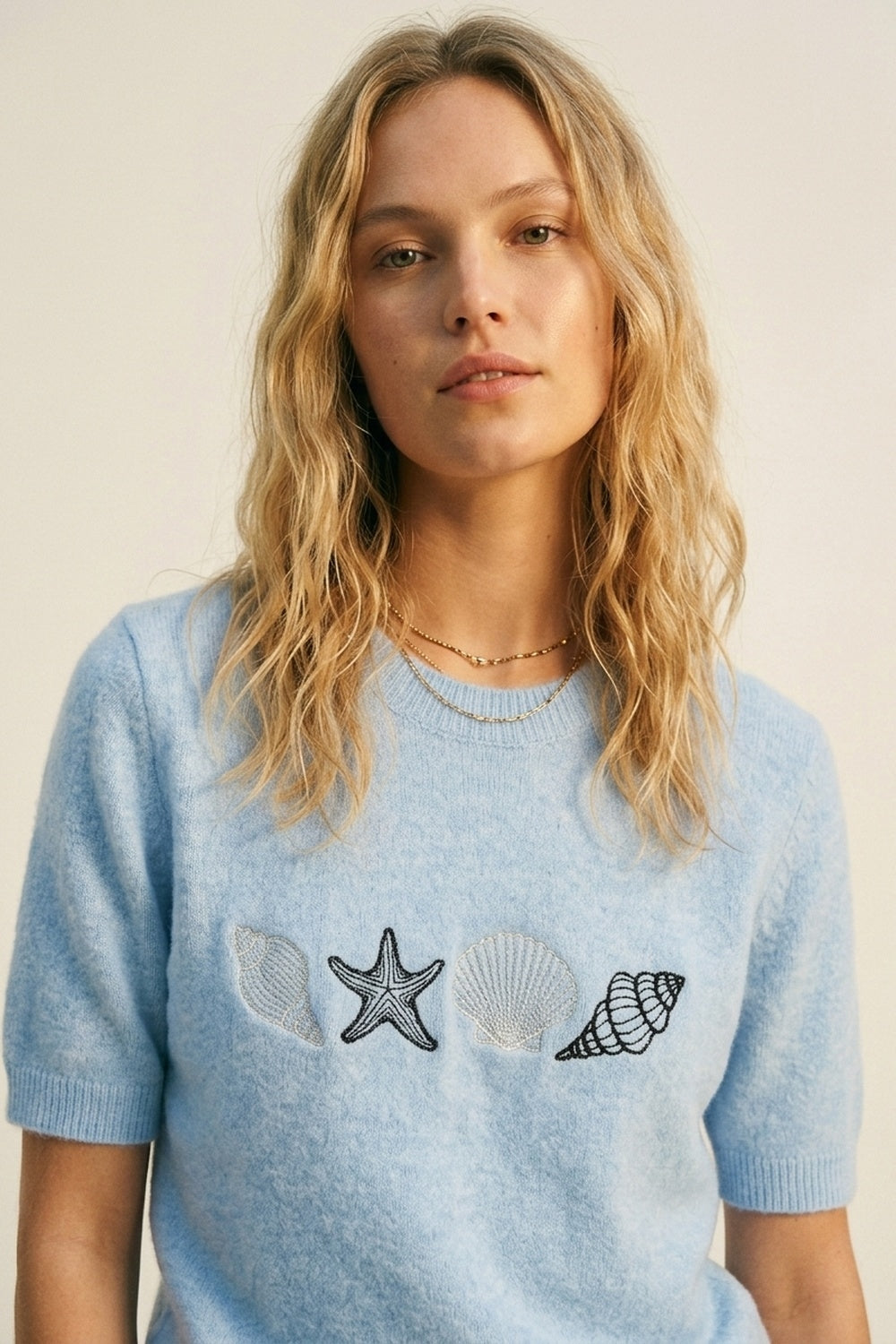 Pull en tricot à manches courtes Seashell bleu clair