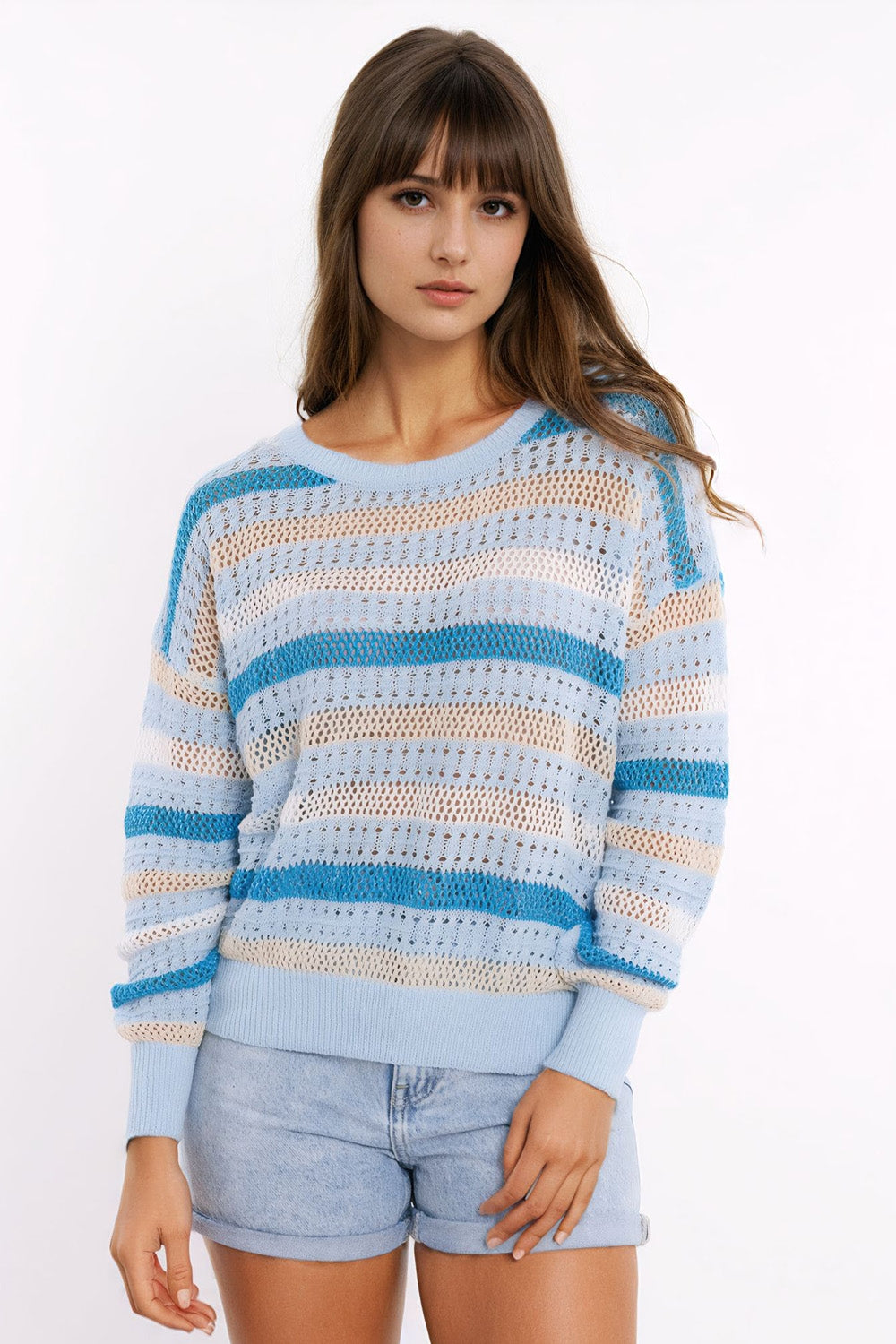 Q2 Pull en tricot bleu avec des rayures bleues et blanches