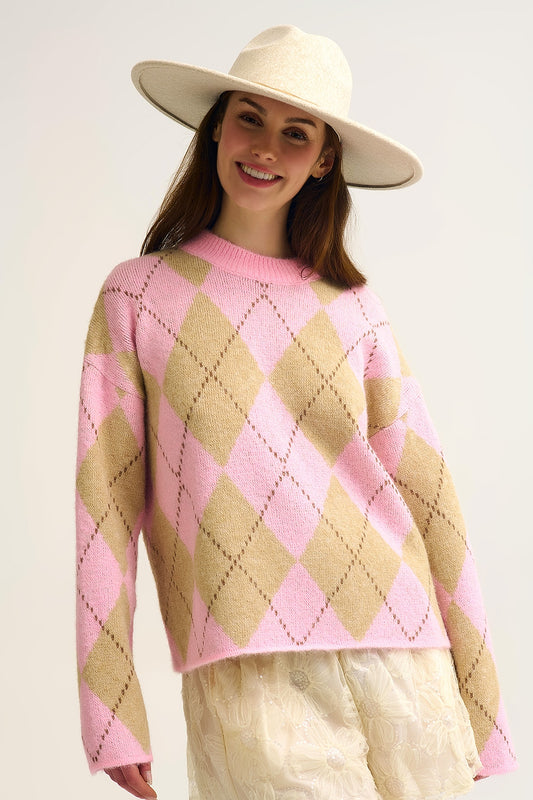 Q2 Pull en tricot chunky losanges rose en couleur verte contrastée douce