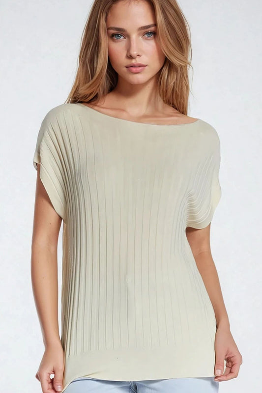 Q2 Pull en tricot côtelé beige à col bateau