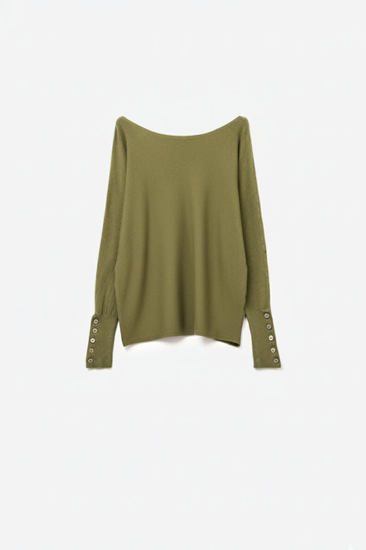 Q2 Pull en tricot doux vert olive avec détails de boutons sur les manches