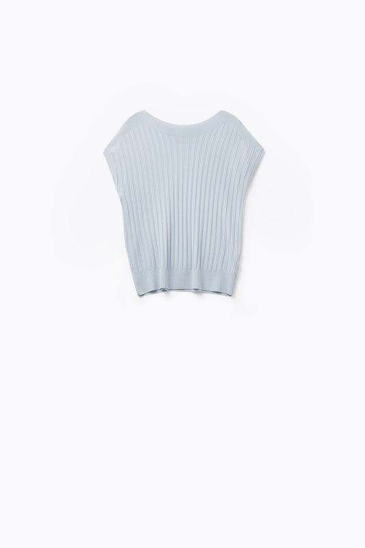 Q2 Pull en tricot fin côtelé bleu clair avec col bateau