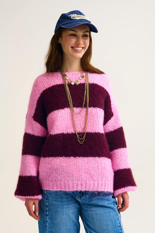 Q2 Pull en tricot rayé pelucheux rose avec manches ballon