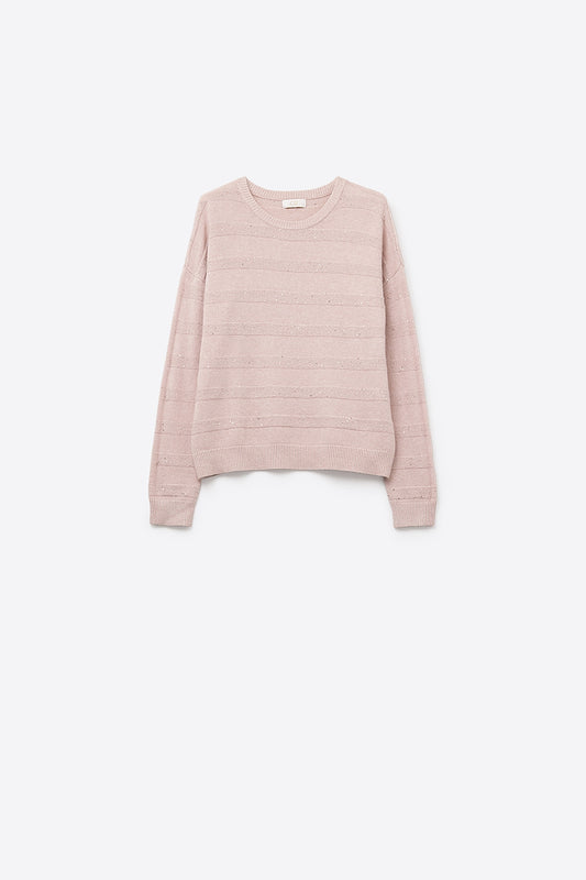 Q2 Pull en tricot rayé rose avec paillettes
