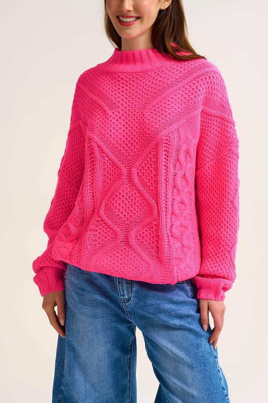 Q2 Pull en tricot torsadé fucshia avec épaule tombante
