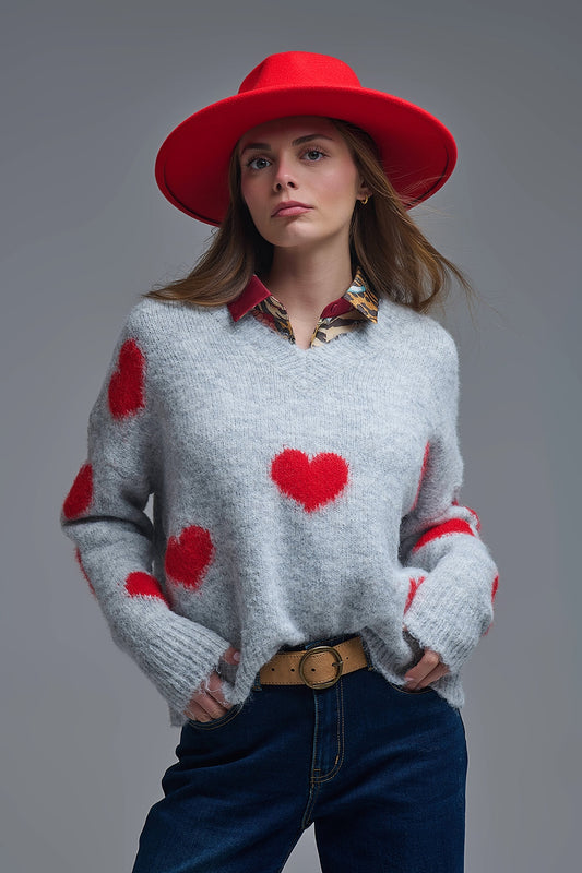 Q2 Pull gris à manches longues et col en V avec cœurs rouges