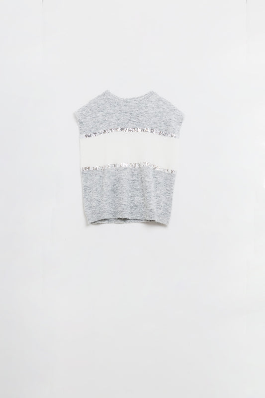Pull gris sans manches avec paillettes