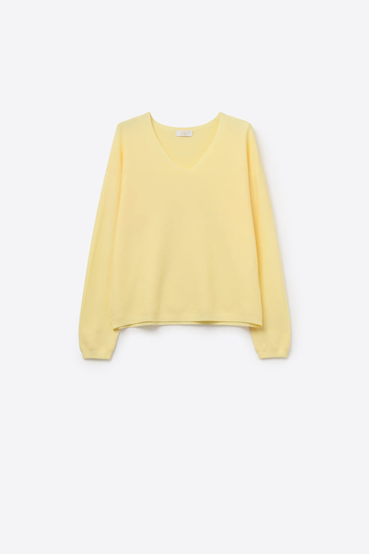 Q2 Pull jaune en maille fine à col en V avec une texture linéaire subtile