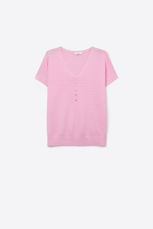 Q2 Pull léger à col en V avec boutons en tricot texturé rose