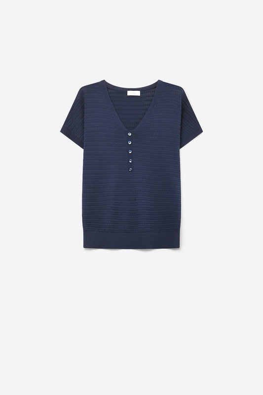Q2 Pull léger à manches courtes bleu marine en maille avec détail de bouton