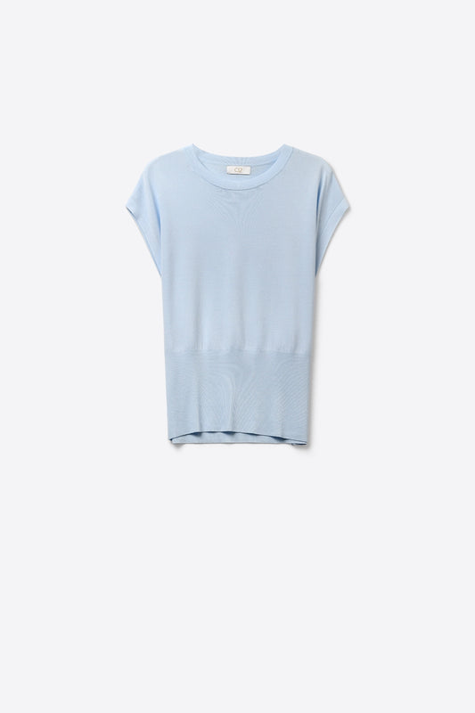 Q2 Pull léger en tricot avec large ceinture côtelée en bleu clair