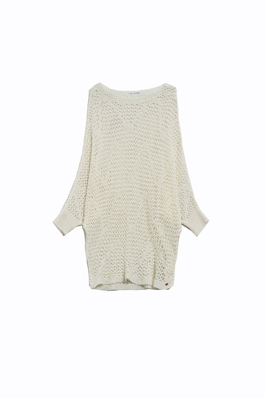 Q2 Pull long en crochet à motif chauve-souris en crème