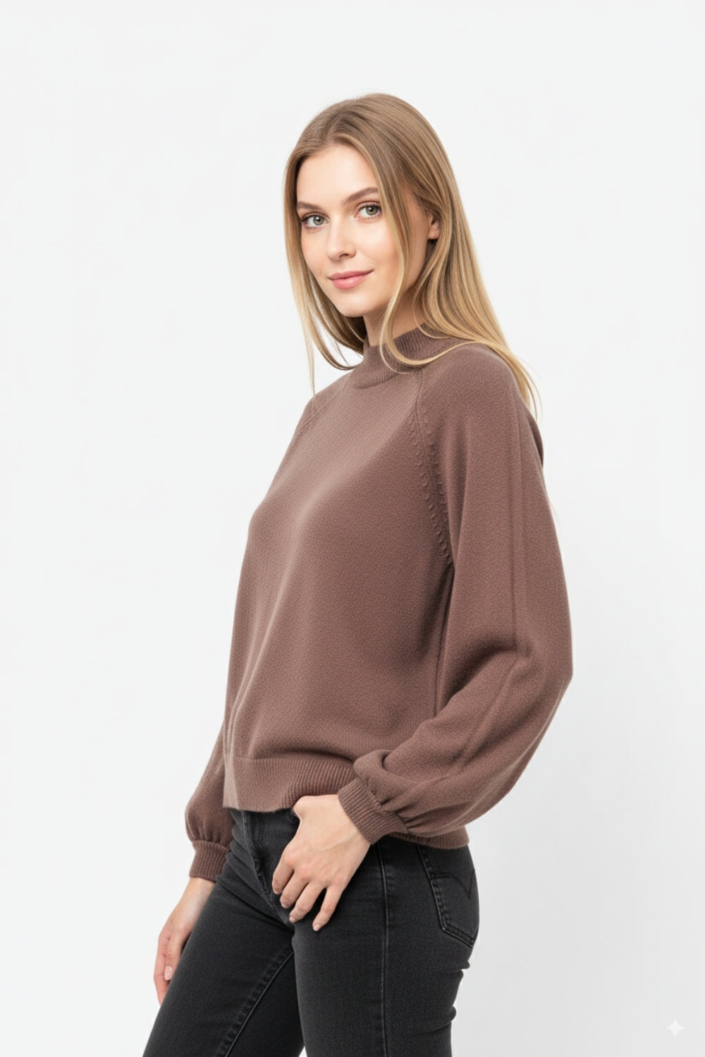 pull marron de style décontracté avec manches ballon