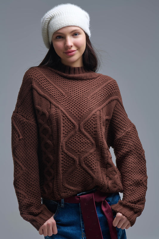Q2 pull marron en maille torsadée à épaulets tobantes