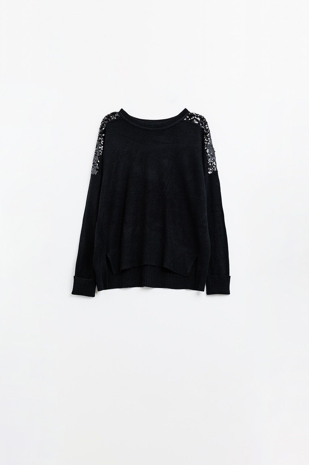 Pull noir à manches longues avec paillettes sur les épaules