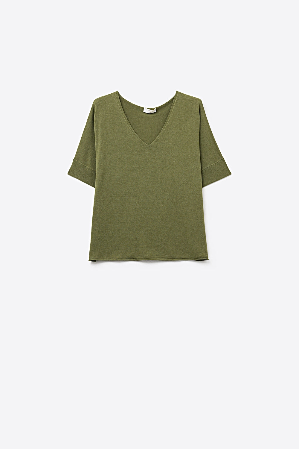 Q2 Pull Olive Vert à Col en V Relaxé en Tricot
