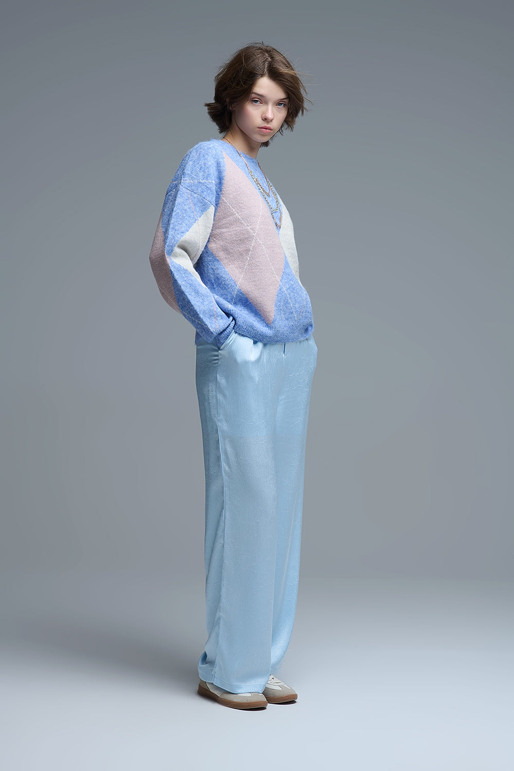 pull-over ample bleu ciel à motifs de losanges