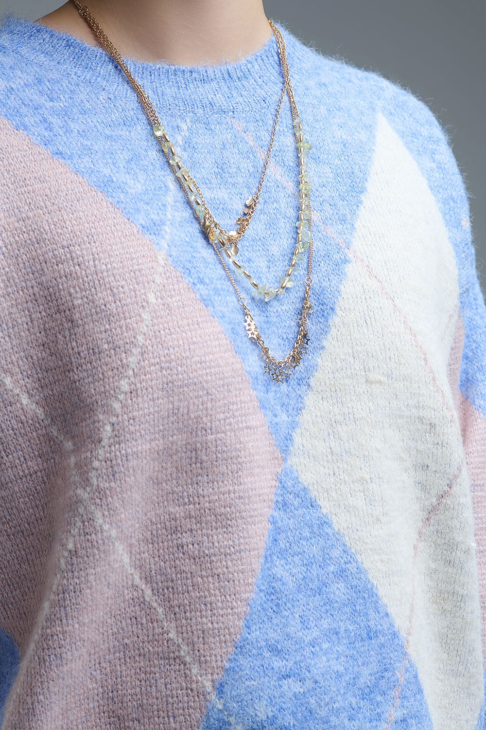 pull-over ample bleu ciel à motifs de losanges