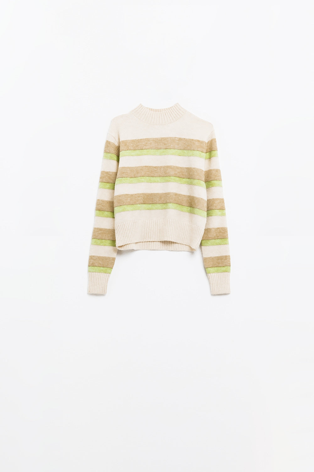 pull-over beige à rayures vertes et camel
