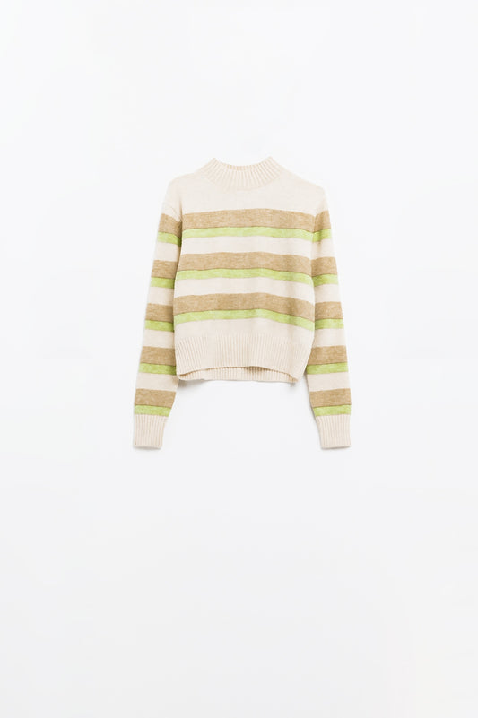 pull-over beige à rayures vertes et camel