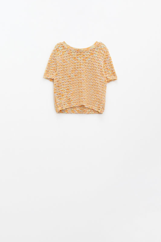 Q2 pull-over orange à manches courtes en crochet