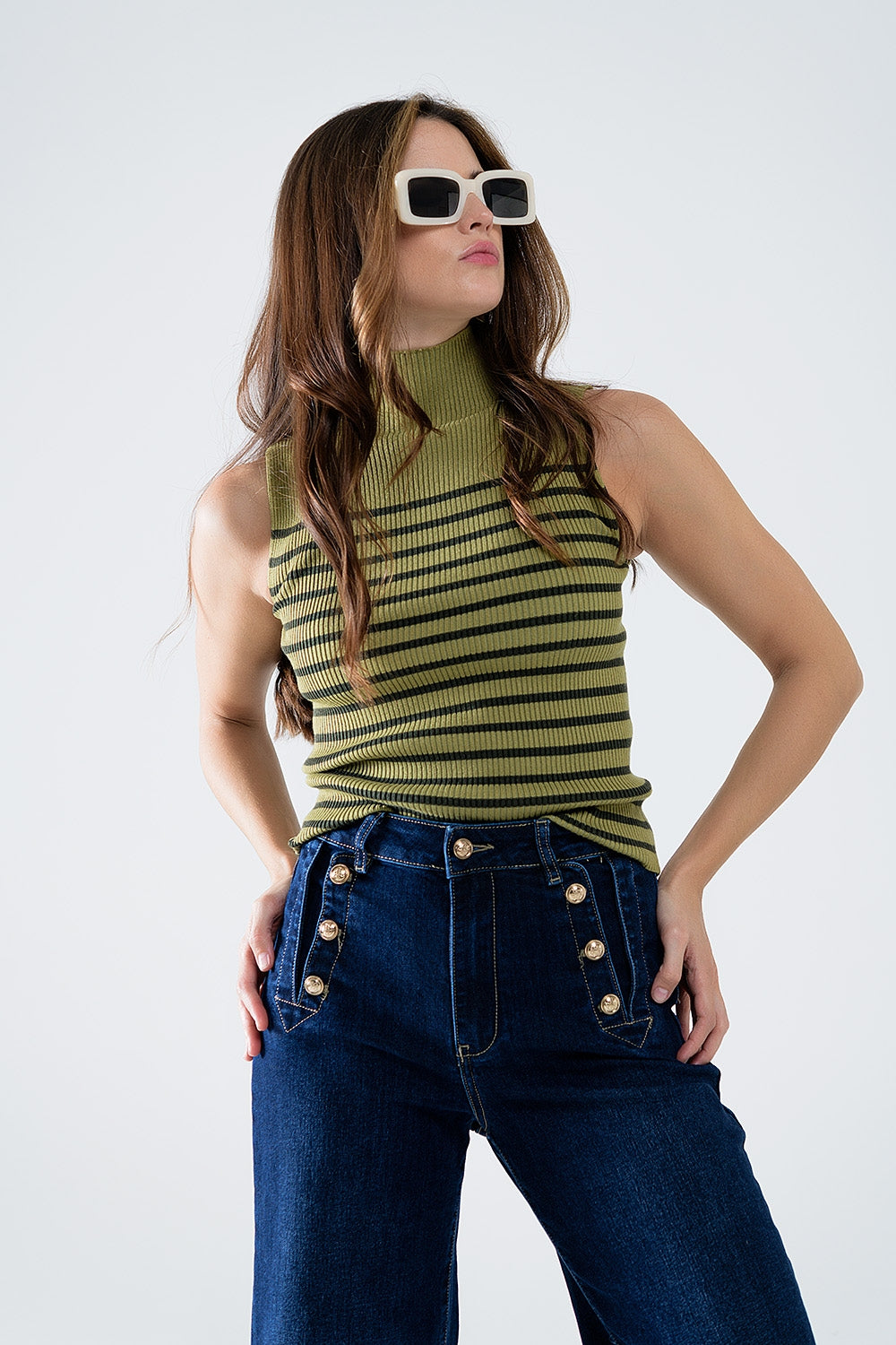 Pull-over tortue rayé vert olive