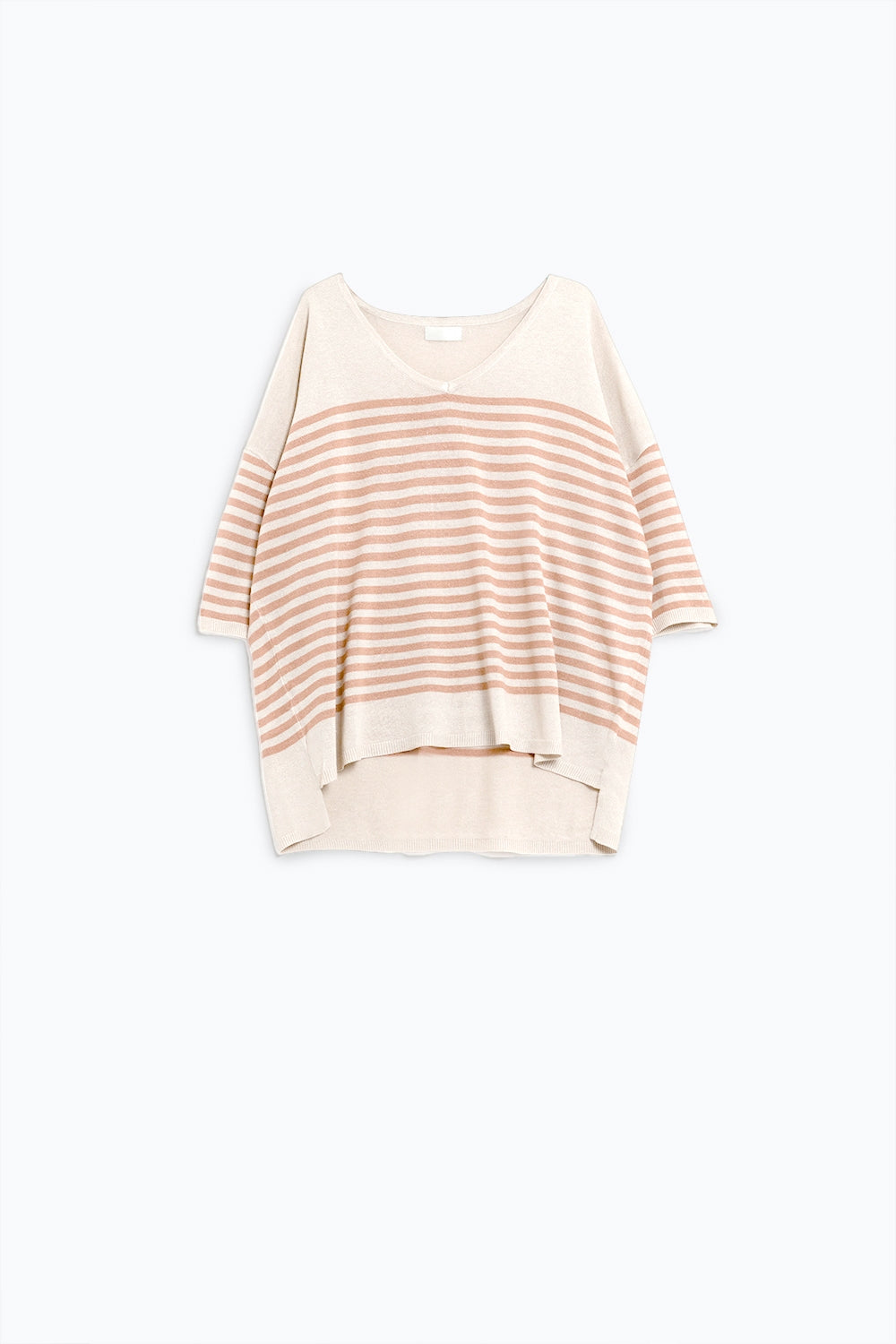 Pull oversize beige à rayures marron et col en V