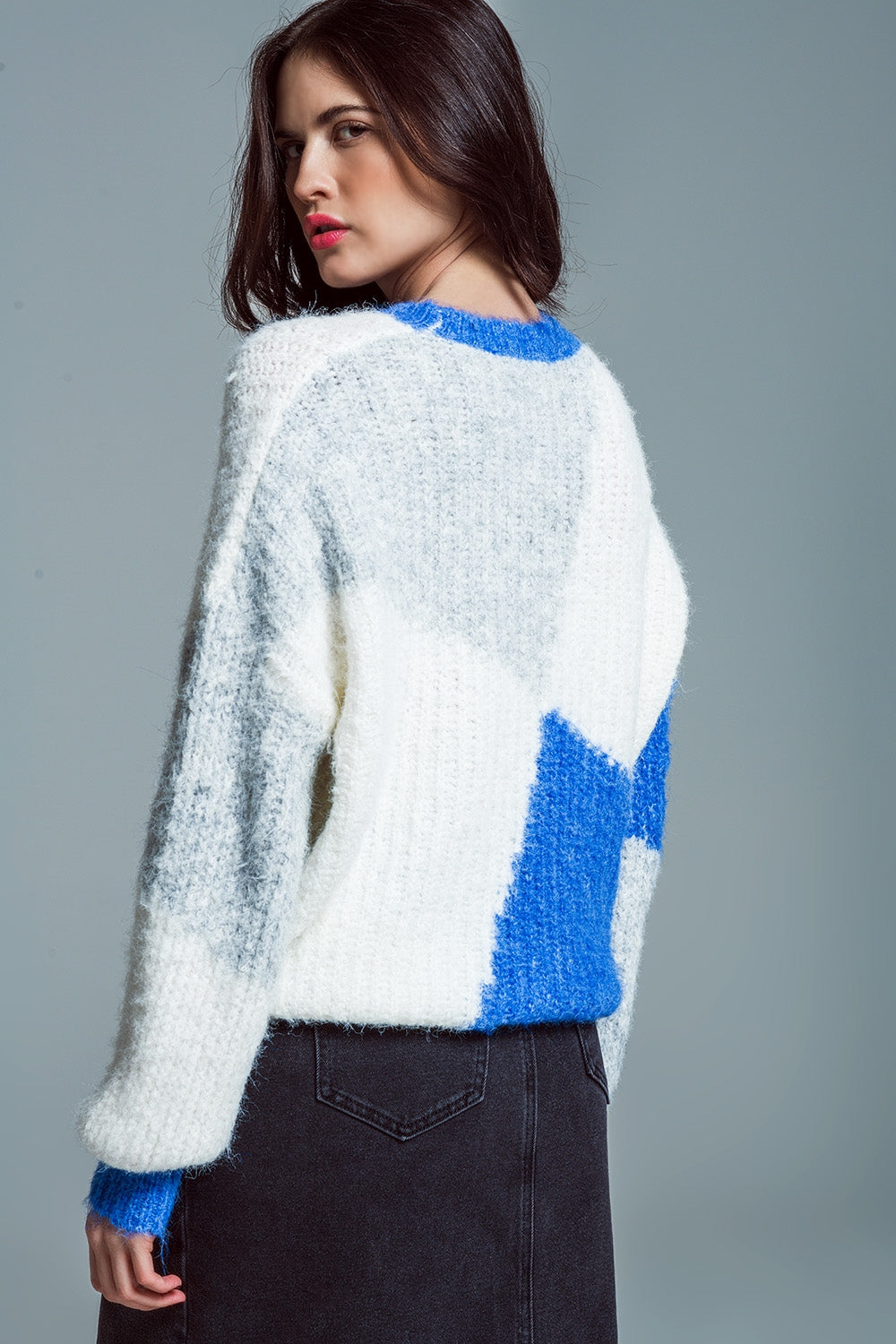 Pull oversize color block en côtes chunky bleues et blanches
