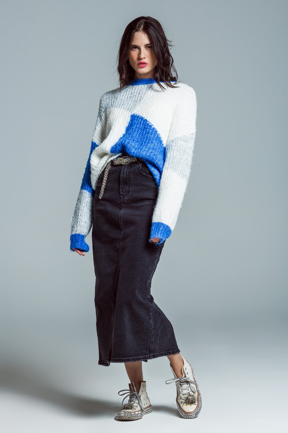 Pull oversize color block en côtes chunky bleues et blanches