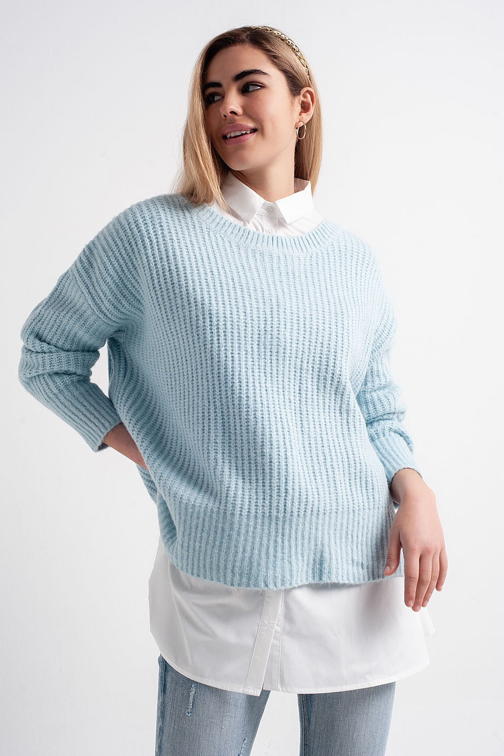 Pull oversize en maille côtelée style boyfriend turquoise