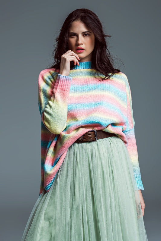 Q2 Pull oversize multicolore à encolure haute et fentes latérales