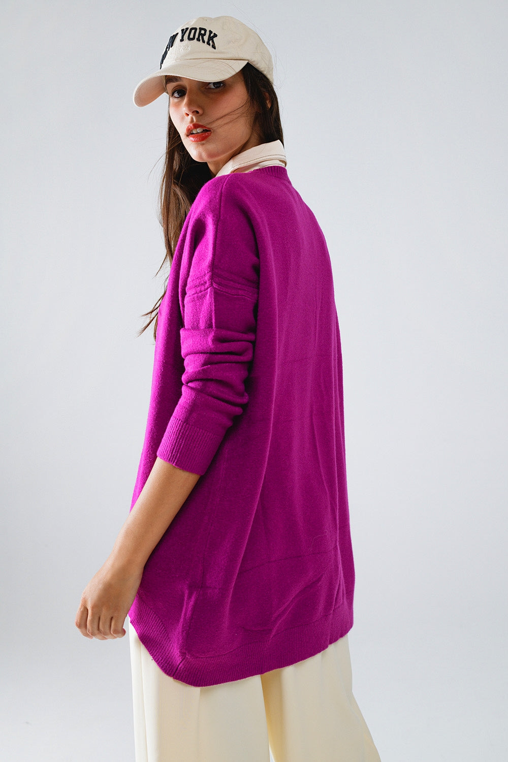 Pull oversize à col ras du cou et à manches longues en fuchsia