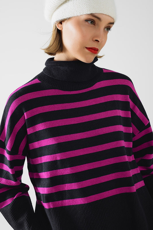 Q2 Pull overtaille à col rond marine avec rayures fuchsia et fentes sur le côté