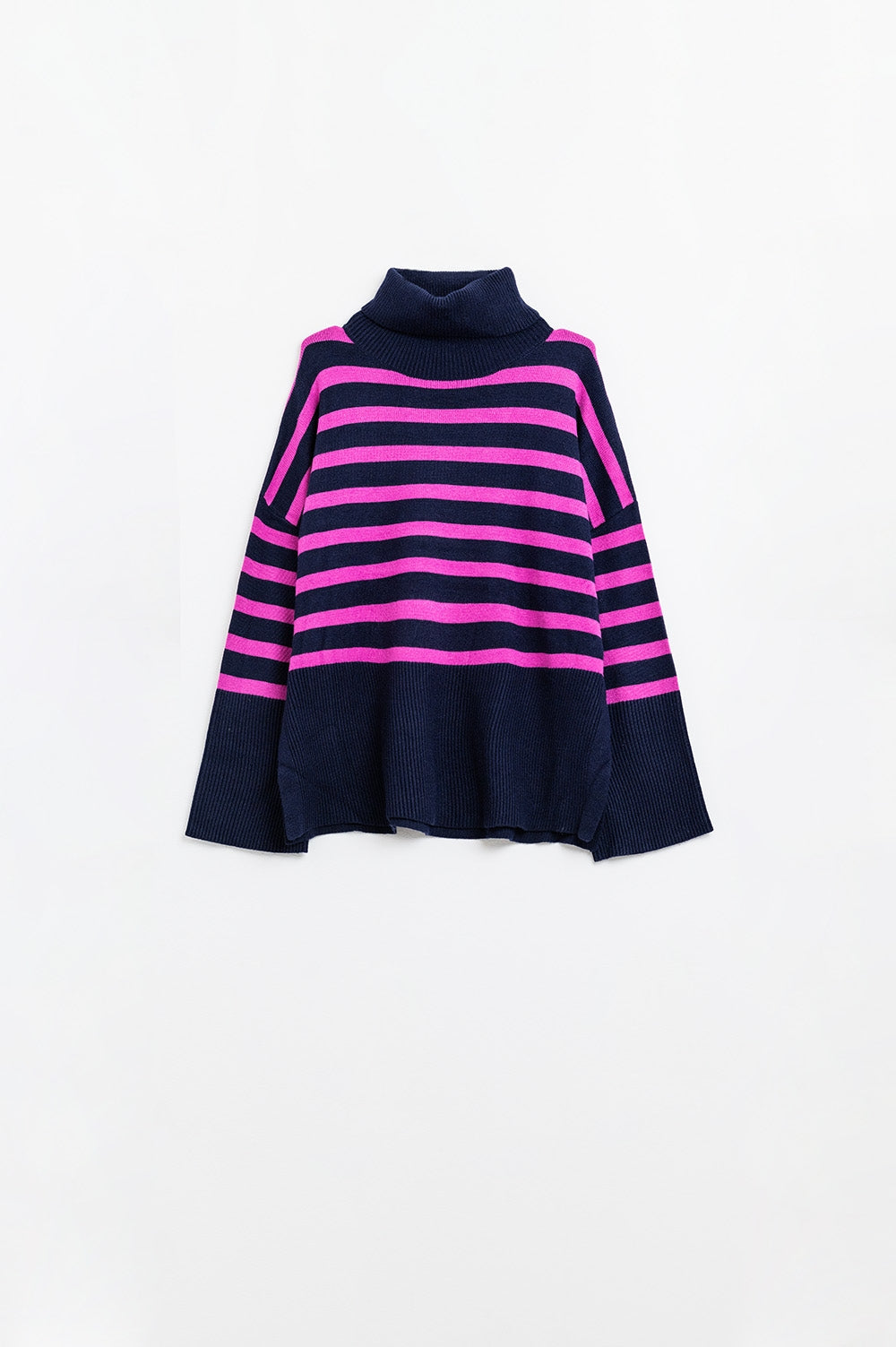 Pull oversize à col rond marine avec rayures fuchsia et fentes sur le côté