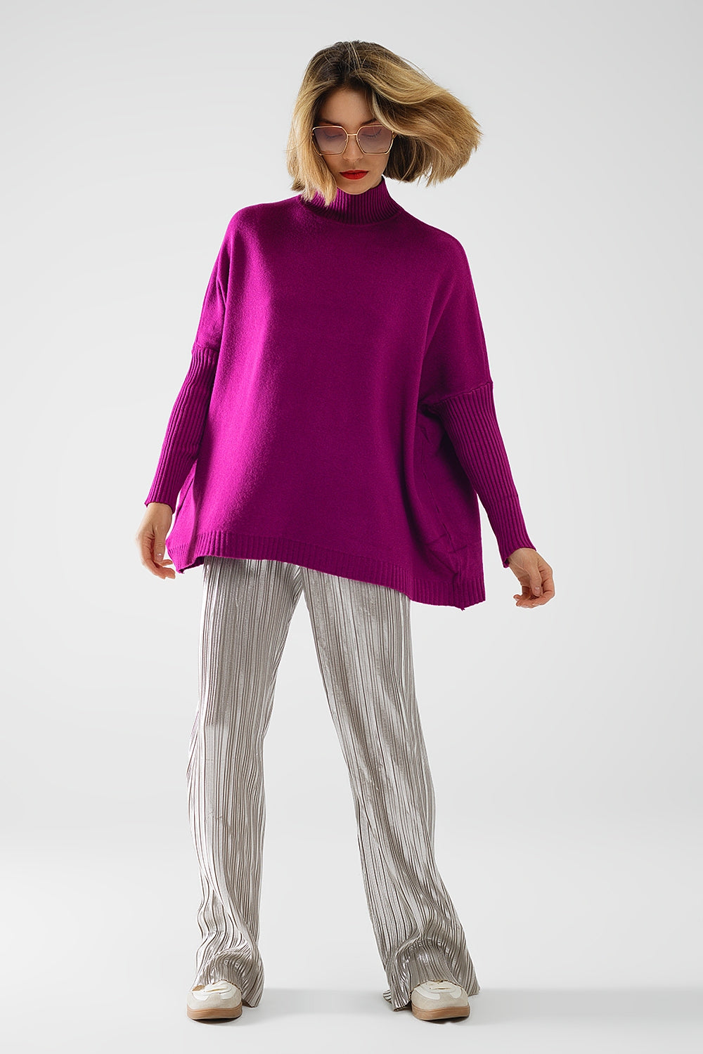 pull oversize fuchsia doux avec manches côtelées