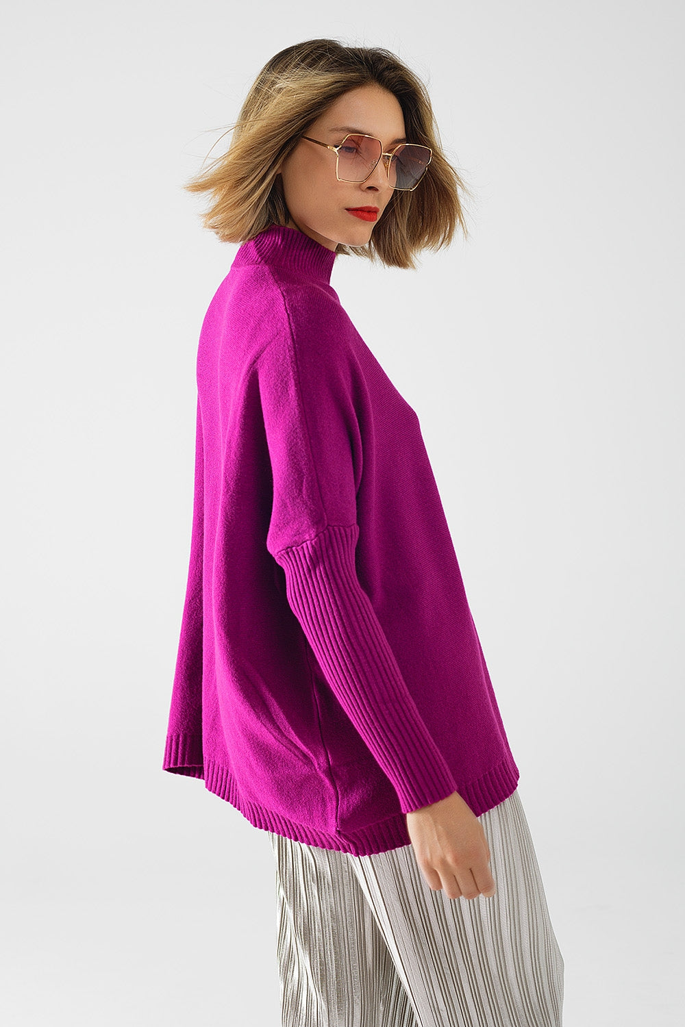 pull oversize fuchsia doux avec manches côtelées