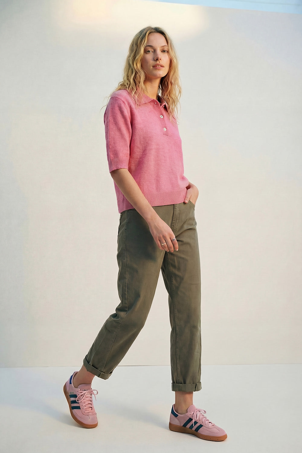 Pull polo en maille douce et duveteuse rose