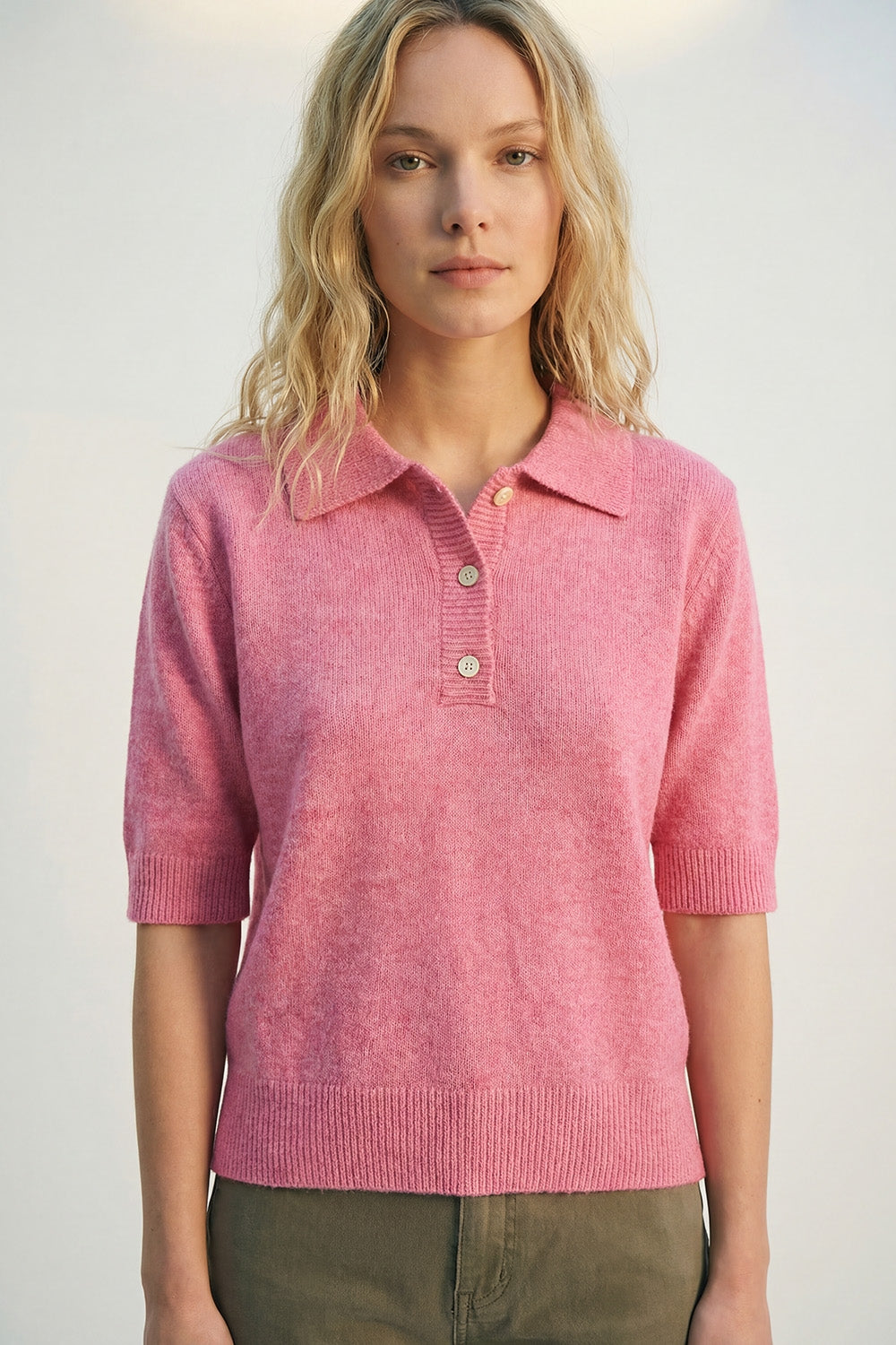 Q2 Pull polo en maille douce et duveteuse rose