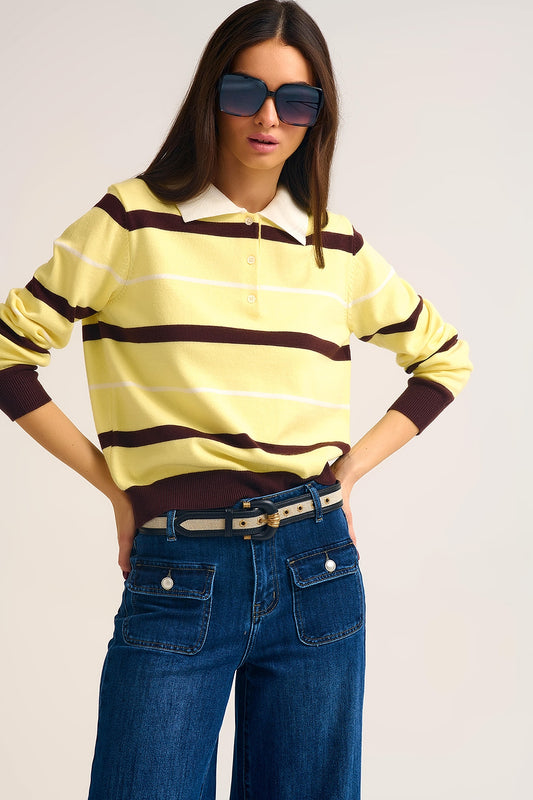 Q2 Pull polo en tricot rayé jaune avec col blanc