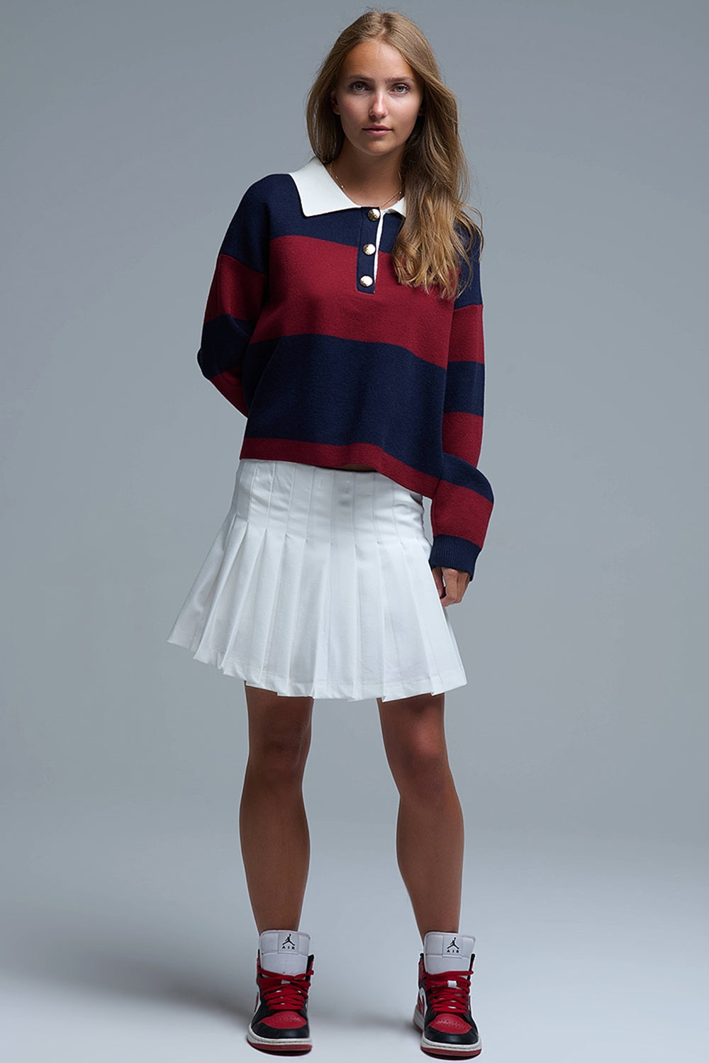 Pull polo rayé Ivy en marine et bourgogne